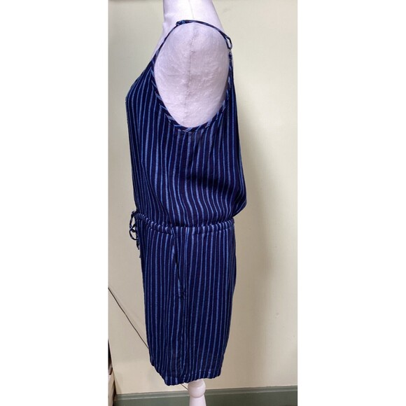Loft Blue Striped Linen Blend Drawstring Waist Adjustable Strap Romper Size L - Picture 4 of 10